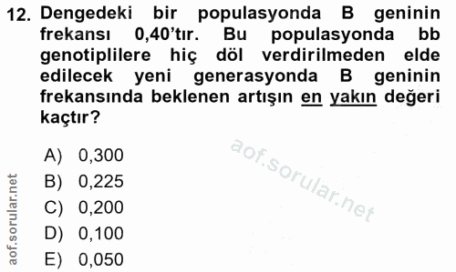 12. soru: Dengedeki bir populasyonda B geninin frekansı 0,40 tır. Bu populasyonda bb genotiplilere hiç döl verdirilmeden elde e…