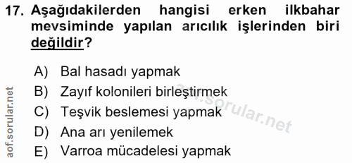 17. soru: Aşağıdakilerden hangisi erken ilkbahar mevsiminde yapılan arıcılık işlerinden biri değildir? A) Bal hasadı yapmak B)…
