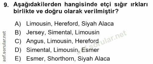 9. soru: Aşağıdakilerden hangisinde etçi sığır ırkları birlikte ve doğru olarak verilmiştir? A) Limousin, Hereford, Siyah Alac…