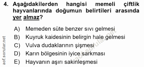 4. soru: Aşağıdakilerden hangisi memeli çiftlik hayvanlarında doğumun belirtileri arasında yer almaz? A) Memeden süte benzer s…