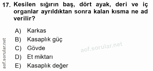 17. soru: Kesilen sığırın baş, dört ayak, deri ve iç organlar ayrıldıktan sonra kalan kısma ne ad verilir? A) Karkas B) Kasaplı…