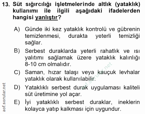 13. soru: Süt sığırcılığı işletmelerinde altlık (yataklık) kullanımı ile ilgili aşağıdaki ifadelerden hangisi yanlıştır? A) Gün…