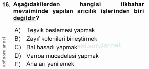 16. soru: Aşağıdakilerden hangisi ilkbahar mevsiminde yapılan arıcılık işlerinden biri değildir? A) Teşvik beslemesi yapmak B)…