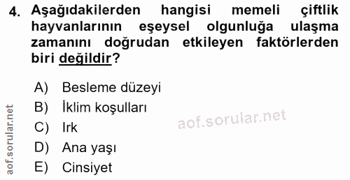 4. soru: Aşağıdakilerden hangisi memeli çiftlik hayvanlarının eşeysel olgunluğa ulaşma zamanını doğrudan etkileyen faktörlerde…