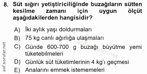 8. soru: Süt sığırı yetiştiriciliğinde buzağıların sütten kesilme zamanı için uygun ölçüt aşağıdakilerden hangisidir? A) Iki a…