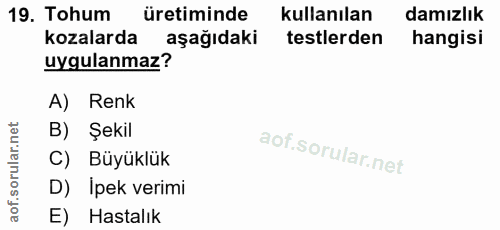19. soru: Tohum üretiminde kullanılan damızlık kozalarda aşağıdaki testlerden hangisi uygulanmaz? A) Renk B) Şekil C) Büyüklük…