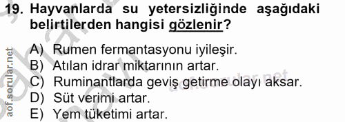 19. soru: Hayvanlarda su yetersizliğinde aşağıdaki belirtilerden hangisi gözlenir? A) Rumen fermantasyonu iyileşir. B) Atılan i…