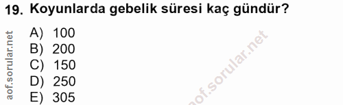 19. soru: Koyunlarda gebelik süresi kaç gündür? A) 100 B) 200 C) 150 of. D) 250 E) 305