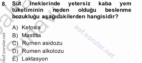 8. soru: Süt ineklerinde yetersiz kaba yem tüketiminin neden olduğu beslenme bozukluğu aşağıdakilerden hangisidir? A) Ketosis…