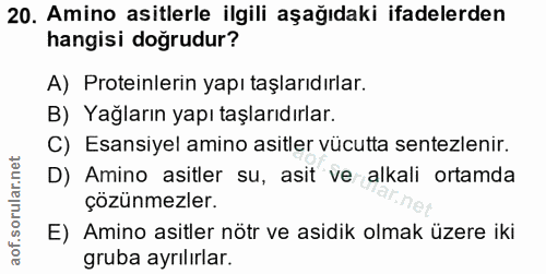 20. soru: Amino asitlerle ilgili aşağıdaki ifadelerden hangisi doğrudur? A) Proteinlerin yapı taşlarıdırlar. B) Yağların yapı t…