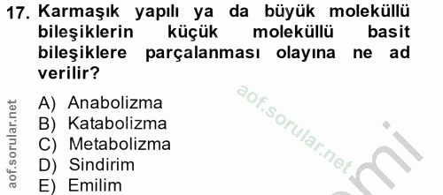 17. soru: Karmaşık yapılı ya da büyük moleküllü bileşiklerin küçük moleküllü basit bileşiklere parçalanması olayına ne ad veril…