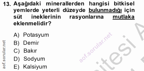 13. soru: Aşağıdaki minerallerden hangisi bitkisel yemlerde yeterli düzeyde bulunmadığı için sut ineklerinin rasyonlarına mutla…