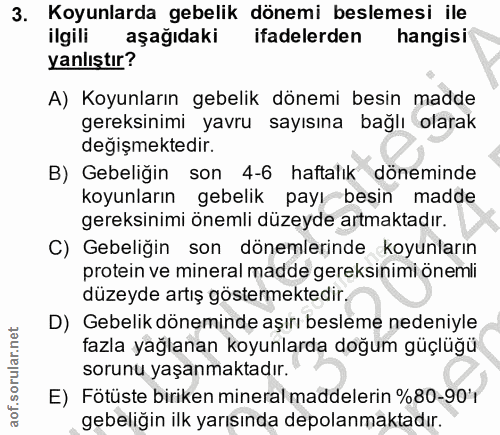 3. soru: Koyunlarda gebelik dönemi beslemesi ile ilgili aşağıdaki ifadelerden hangisi yanlıştır? A) Koyunların gebelik dönemi…