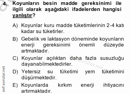 4. soru: Koyunların besin madde gereksinimi ile ilgili olarak aşağıdaki ifadelerden hangisi yanlıştır? A) Koyunlar kuru madde…