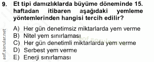 9. soru: Et tipi damızlıklarda büyüme döneminde 15. haftadan itibaren aşağıdaki yemleme yöntemlerinden hangisi tercih edilir?…