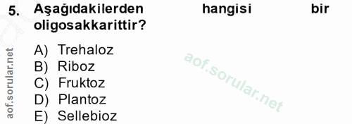 5. soru: Aşağıdakilerden hangisi bir oligosakkarittir? A) Trehaloz B) Riboz C) Fruktoz D) Plantoz E) Sellebioz