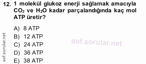 12. soru: 1 molekül glukoz enerji sağlamak amacıyla CO2 ve H20 kadar parçalandığında kaç mol ATP üretir? A) 8 ATP B) 12 ATP C)…