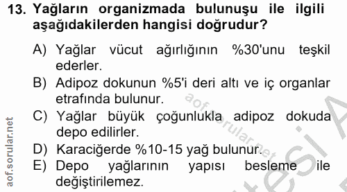 13. soru: Yağların organizmada bulunuşu ile ilgili aşağıdakilerden hangisi doğrudur? A) Yağlar vücut ağırlığının %30'unu teşkil…