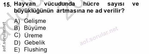15. soru: Hayvan vücudunda hücre sayısı ve büyüklüğünün artmasına ne ad verilir? A) Gelişme B) Büyüme C) Ureme D) Gebelik E) Fl…