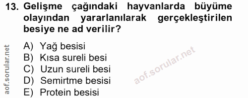 13. soru: Gelişme çağındaki hayvanlarda büyüme olayından yararlanılarak gerçekleştirilen besiye ne ad verilir? A) Yağ besisi B)…