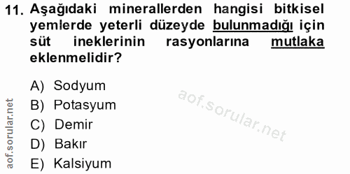 11. soru: Aşağıdaki minerallerden hangisi bitkisel yemlerde yeterli düzeyde bulunmadığı için süt ineklerinin rasyonlarına mutla…