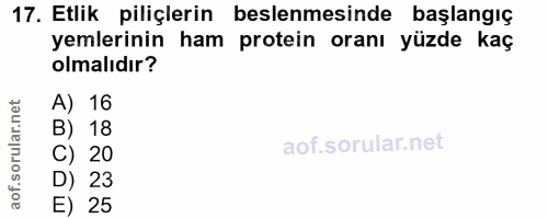 17. soru: Etlik piliçlerin beslenmesinde başlangıç yemlerinin ham protein oranı yüzde kaç olmalıdır? A) 16 B) 18 C) 20 D) 23 E) 25