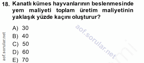18. soru: Kanatlı kümes hayvanlarının beslenmesinde yem maliyeti toplam üretim maliyetinin yaklaşık yüzde kaçını oluşturur? A)…