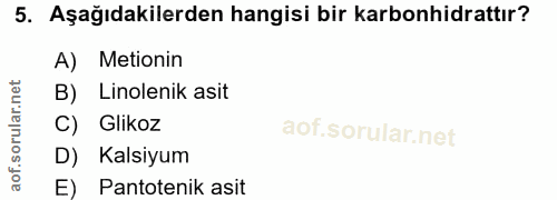 5. soru: Aşağıdakilerden hangisi bir karbonhidrattır? A) Metionin B) Linolenik asit C) Glikoz D) Kalsiyum E) Pantotenik asit