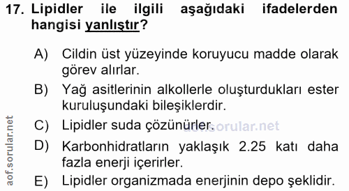 17. soru: Lipidler ile ilgili aşağıdaki ifadelerden hangisi yanlıştır? A) Cildin üst yüzeyinde koruyucu madde olarak görev alır…