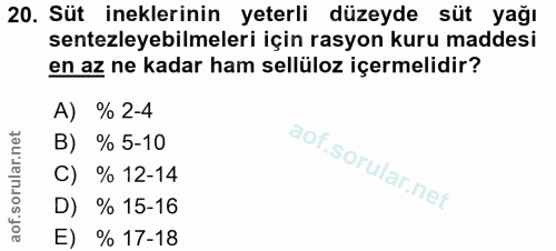 20. soru: Süt ineklerinin yeterli düzeyde süt yağı sentezleyebilmeleri için rasyon kuru maddesi en az ne kadar ham sellüloz içe…