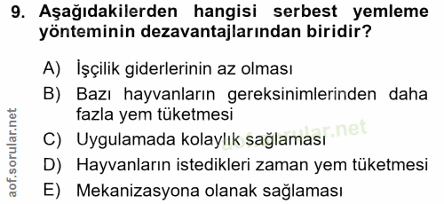 9. soru: Aşağıdakilerden hangisi serbest yemleme yönteminin dezavantajlarından biridir? A) İşçilik giderlerinin az olması B) B…