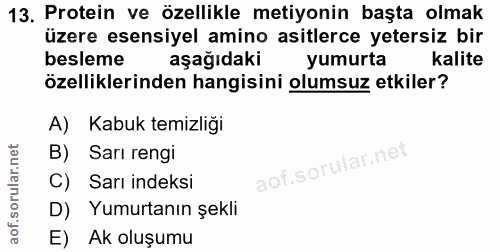 13. soru: Protein ve özellikle metiyonin başta olmak üzere esensiyel amino asitlerce yetersiz bir besleme aşağıdaki yumurta kal…