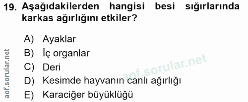 19. soru: Aşağıdakilerden hangisi besi sığırlarında karkas ağırlığını etkiler? A) Ayaklar B) Iç organlar orular.net C) Deri D)…