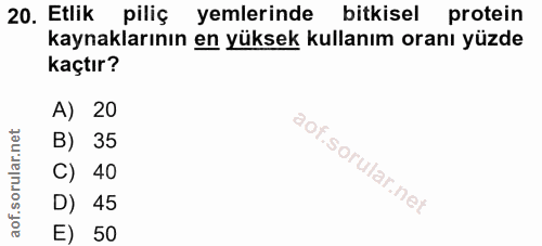 20. soru: Etlik piliç yemlerinde bitkisel protein kaynaklarının en yüksek kullanım oranı yüzde kaçtır? A) 20 B) 35 C) 40 D) 45…