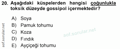 20. soru: Aşağıdaki küpelerden hangisi çoğunlukla toksik düzeyde gossipol içermektedir? A) Soya B) Pamuk tohumu C) Koza D) Fınd…