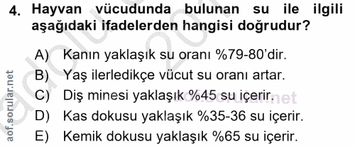 4. soru: Hayvan vücudunda bulunan su ile ilgili aşağıdaki ifadelerden hangisi doğrudur? A) Kanın yaklaşık su oranı %79-80'dir.…