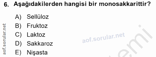 6. soru: Aşağıdakilerden hangisi bir monosakkarittir? A) Sellüloz B) Fruktoz C) Laktoz D) Sakkaroz E) Nişasta
