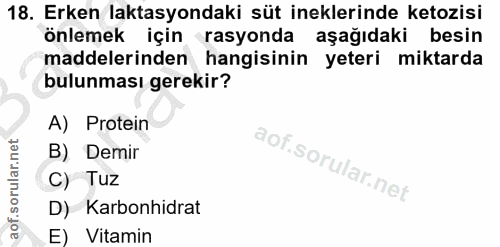 18. soru: Erken laktasyondaki süt ineklerinde ketozisi önlemek için rasyonda aşağıdaki besin maddelerinden hangisinin yeteri mi…