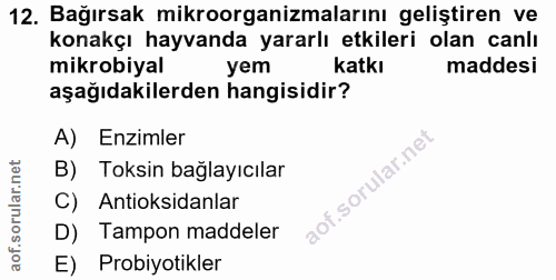 12. soru: Bağırsak mikroorganizmalarını geliştiren ve konakçı hayvanda yararlı etkileri olan canlı mikrobiyal yem katkı maddesi…