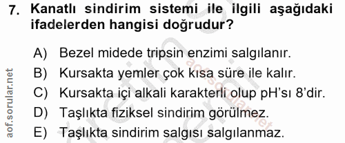 7. soru: Kanatlı sindirim sistemi ile ilgili aşağıdaki ifadelerden hangisi doğrudur? A) Bezel midede tripsin enzimi salgılanır…