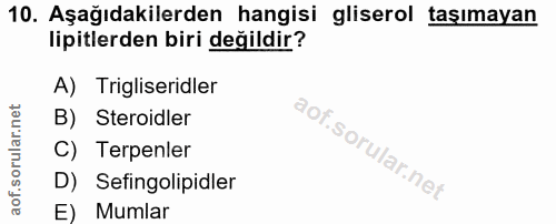 10. soru: Aşağıdakilerden hangisi gliserol taşımayan lipitlerden biri değildir? A) Trigliseridler B) Steroidler C) Tepenler D)…
