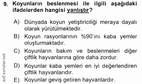 9. soru: Koyunların beslenmesi ile ilgili aşağıdaki ifadelerden hangisi yanlıştır? A) Dünyada koyun yetiştiriciliği meraya day…