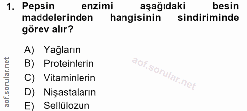 1. soru: Pepsin enzimi aşağıdaki besin maddelerinden hangisinin sindiriminde görev alır? A) Yağların B) Proteinlerin C) Vitami…