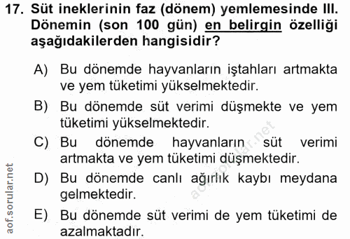 17. soru: Süt ineklerinin faz (dönem) yemlemesinde I!I. Dönemin (son 100 gün) en belirgin özelliği aşağıdakilerden hangisidir?…