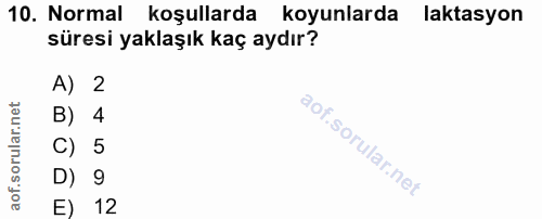 10. soru: Normal koşullarda koyunlarda laktasyon süresi yaklaşık kaç aydır? A) 2 B) 4 C) 5 D) 9 E) 12