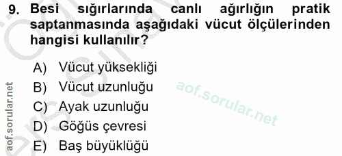 9. soru: Besi sığırlarında canlı ağırlığın pratik saptanmasında aşağıdaki vücut ölçülerinden hangisi kullanılır? A) Vücut yüks…