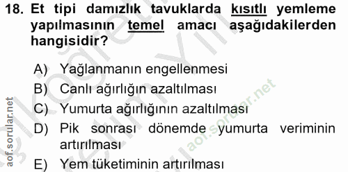 18. soru: Et tipi damızlık tavuklarda kisıtlı yemleme yapılmasının temel amacı aşağıdakilerden hangisidir? A) Yağlanmanın engel…