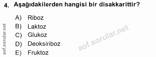 4. soru: Aşağıdakilerden hangisi bir disakkarittir? A) Riboz Laktoz C) Glukoz D) Deoksiriboz E) Fruktoz