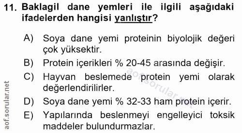 11. soru: Baklagil dane yemleri ile ilgili aşağıdaki ifadelerden hangisi yanlıştır? A) Soya dane yemi proteinin biyolojik değer…