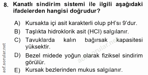 8. soru: Kanatlı sindirim sistemi ile ilgili aşağıdaki ifadelerden hangisi doğrudur? A) Kursakta içi asit karakterli olup pH's…